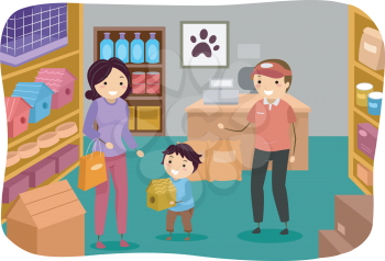 Illustration of a Little Boy and His Mom Buying a Birdhouse from the Pet Store