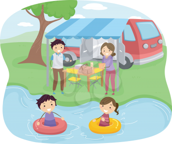 Illustration of a Family Having a Picnic Near a Lake
