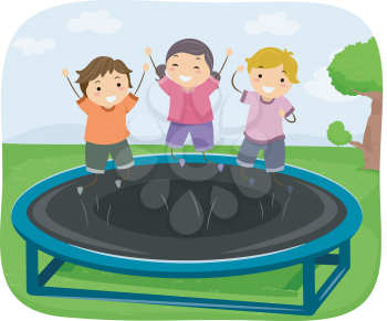 Illustration of Kids Bouncing Up and Down on a Trampoline