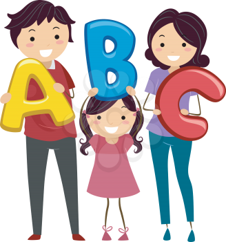 Illustration of a Stickman Family Holding Letters of the Alphabet