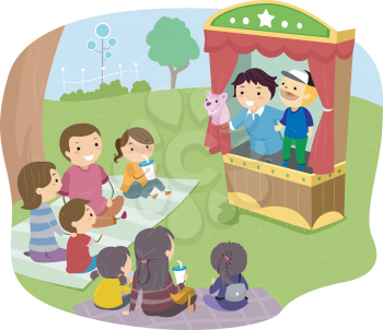 Illustration of a Stickman Family Watching a Puppet Show