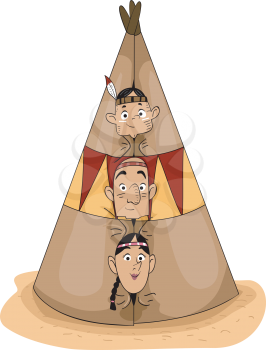 Illustration of a Native American Family Peeking from a Teepee