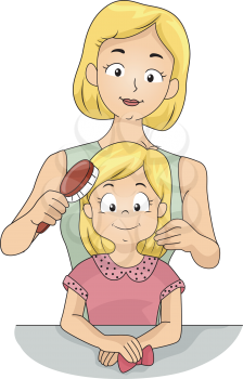 Illustration of a Caucasian Mom Brushing Her Daughter's Hair