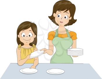 Illustration of a Little Girl Helping Her Mother Set the Table