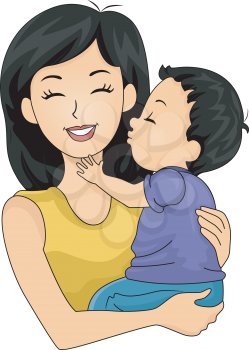 Illustration of a Cute Little Boy Giving His Mom a Kiss on the Cheek