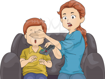 Illustration of a Mom Covering Her Son's Eyes While Watching TV