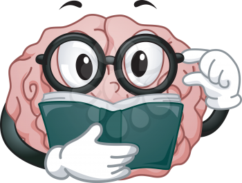 Mascot Illustration Featuring a Glasses-Wearing Brain Reading a Book