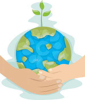 Illustration of a Man and a Kid's Hands Holding a Globe with a Plant on Top Together - Man teaching kid Environmental Protection