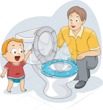 Illustration of a Father Teaching His Toddler How to Flush the Toilet