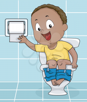 Illustration of a Little Boy Reaching for Toilet Paper