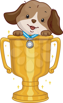 Illustration Featuring a Cute Dog Wearing a Medal Sitting in a Golden Cup