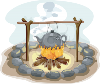 Illustration Featuring a Kettle of Water Hanging Over a Camp Fire