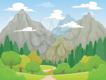 Illustration of a Peaceful Scenery Featuring Rocky Mountains Visible from Afar