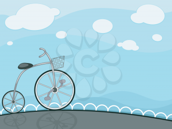 Illustration Featuring a High Wheeler Bike Framed Against a Blue Backdrop