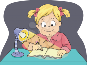 Illustration of a Little Girl Using a Lamp to Study at Night