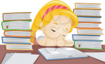 Illustration of a Little Girl Falling Asleep While in the Middle of Studying