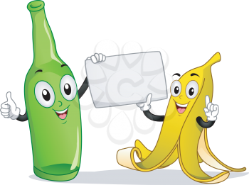 Board Illustration Featuring a Banana and Bottle Mascot Holding a Blank Piece of Paper