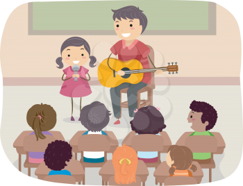 Illustration of a Father and Daughter Performing in Front of the Class