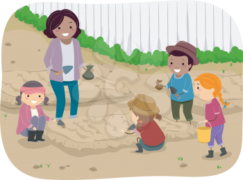 Illustration of a Teacher and Her Students Planting Saplings Together