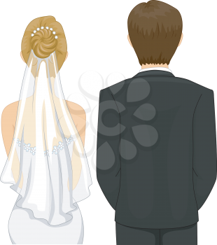 Back View Illustration of a Bride and Groom in a Wedding Ceremony