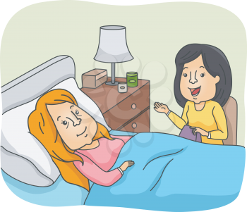 Illustration of a Woman Visiting a Bedridden Patient