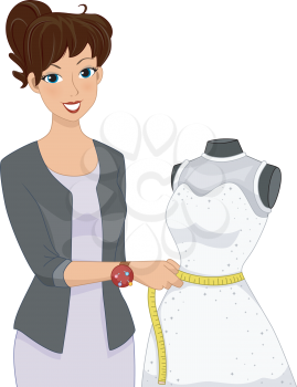 Illustration of a Girl Taking the Measurements of a Dress Placed on a Mannequin