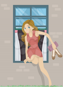 Illustration of a Girl Sneaking Out from Her Bedroom Window