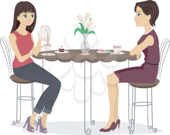 Illustration of a Mother and Daughter Having Tea Together