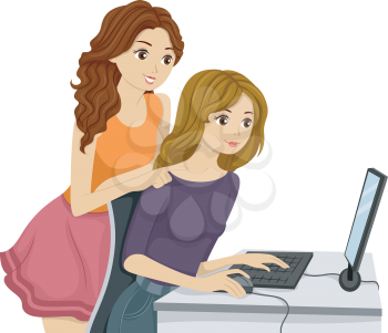 Illustration of Female Friends Checking the Computer Together