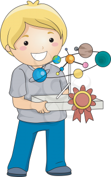Illustration of a Boy Carrying a School Project with a Ribbon Attached to it
