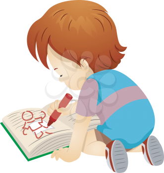 Illustration of a Boy Using a Crayon to Draw on a Book