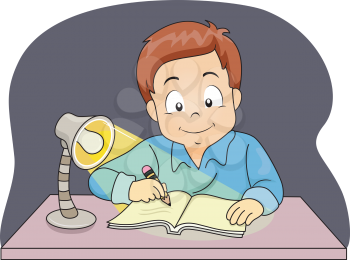Illustration of a Little Boy Using a Lamp to Study at Night