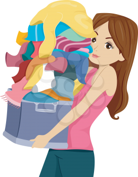 Illustration of a Girl Carrying a Huge Pile of Laundry