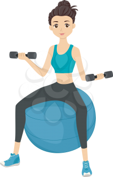 Illustration of a Girl Lifting Dumbbells While Sitting on an Exercise Ball