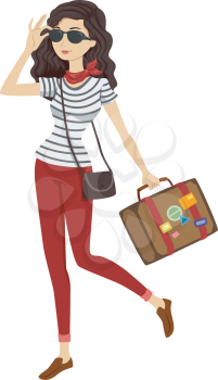 Illustration of a Woman in Stripes Carrying Vintage Luggage
