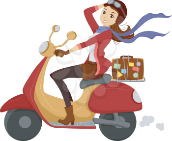 Illustration of a Girl Happily Driving a Scooter