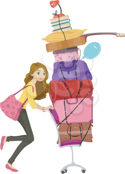 Illustration of a Girl Moving a Tall Stack of Bags and Other Belongings During Her Move to the Dorm