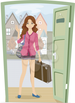 Illustration of a Girl Carrying a Piece of Luggage Coming Over to Her Friend's House for a Visit