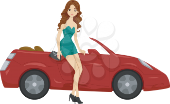 Illustration of a Girl in a Sexy Outfit Standing Beside a Red Sports Car