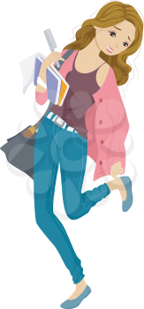 Illustration of a Girl Dressing Frantically to Make it to Class