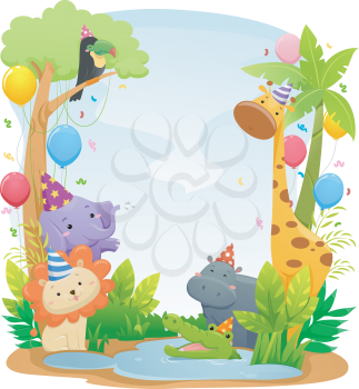 Background Illustration Featuring Cute Safari Animals Wearing Party Hats