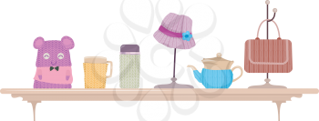 Illustration Featuring a Display Shelf Full of Knitted Items