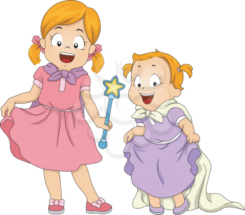 Illustration of Sisters Dressed Up as Princesses