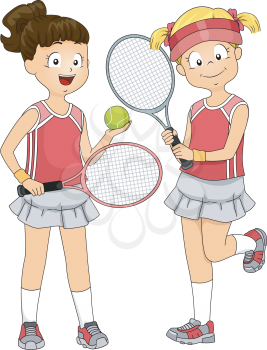 Illustration Featuring a Pair of Girls Preparing to Play Lawn Tennis Doubles 