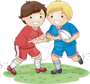 Illustration Featuring Little Boys Dressed in Rugby Uniforms Demonstrating a Tackle