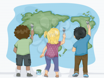 Illustration Featuring Little Kids Painting a Map of the Earth