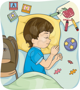 Illustration of a Sleeping Boy Surrounded by Educational Materials