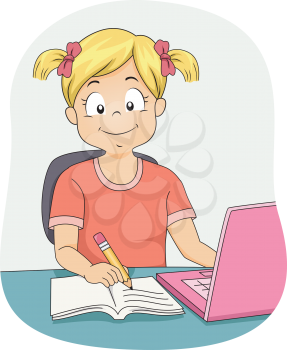 Illustration Featuring a Little Girl Using Her Laptop While Working on Her Assignment