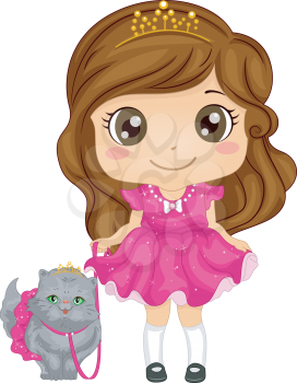 Illustration of a Cute Girl Dressed as a Princess Taking Her Persian Cat for a Walk