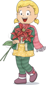 Illustration of a Little Girl Carrying a Bunch of Poinsettia